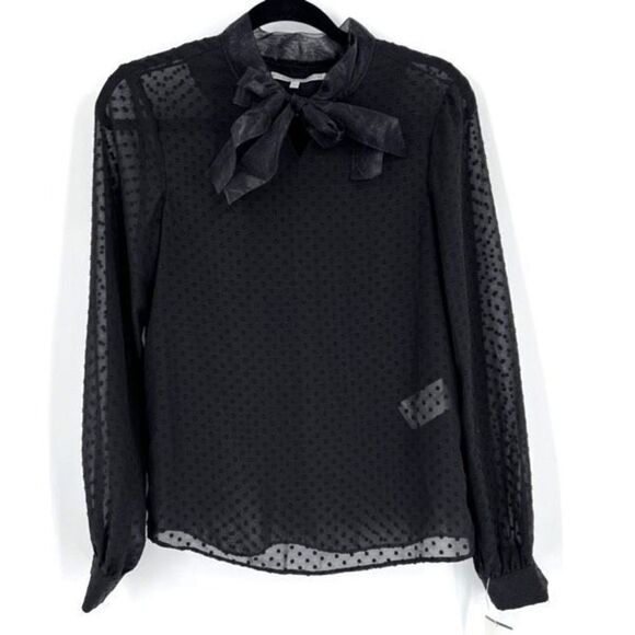 NWT Silvian Heach Sheer Blouse Top Long Sleeve Polka Tie Neck Black Size XS - Picture 1 of 10